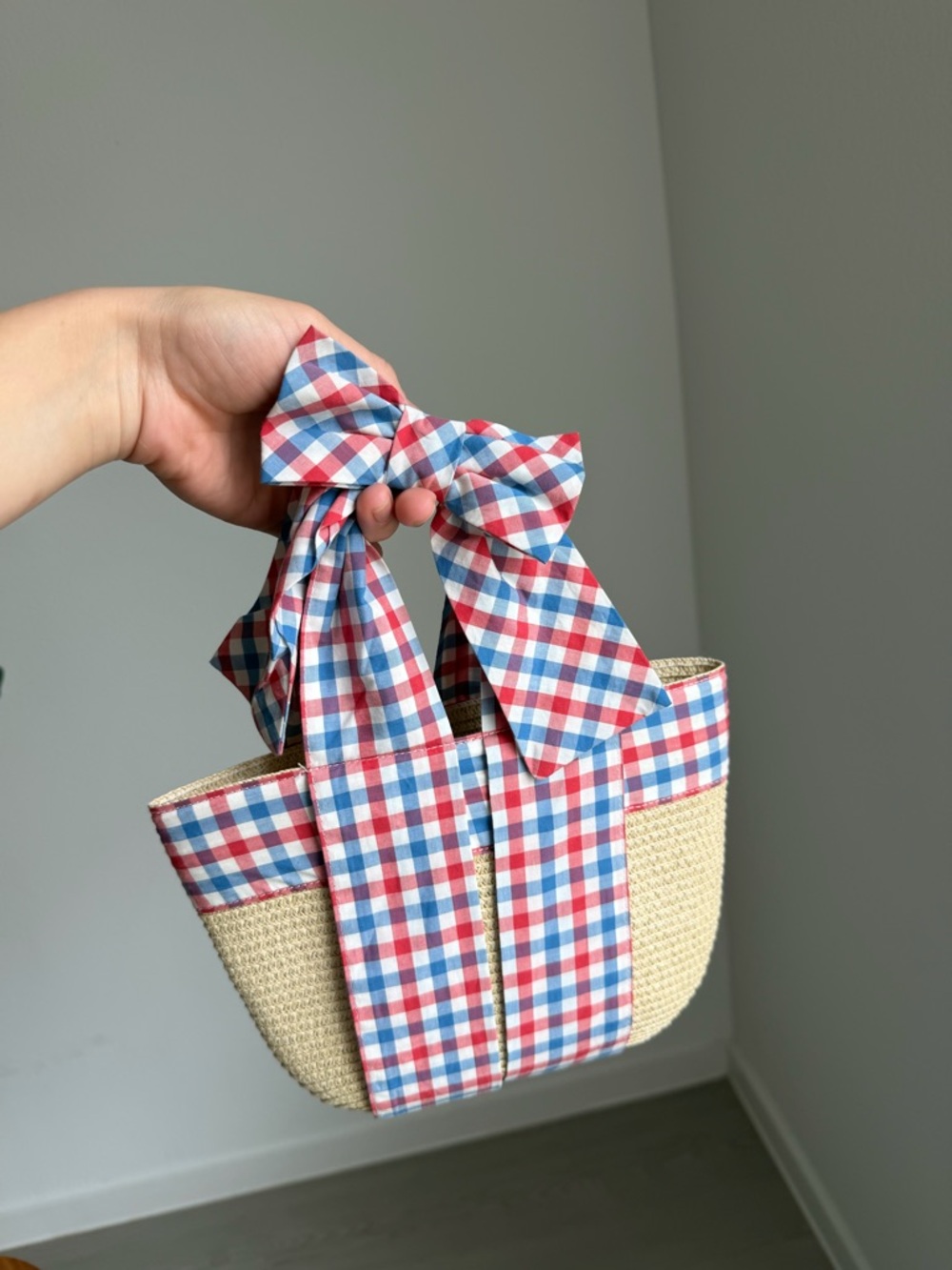 Red, White & Blue Gingham Straw Mini Bag With Bow